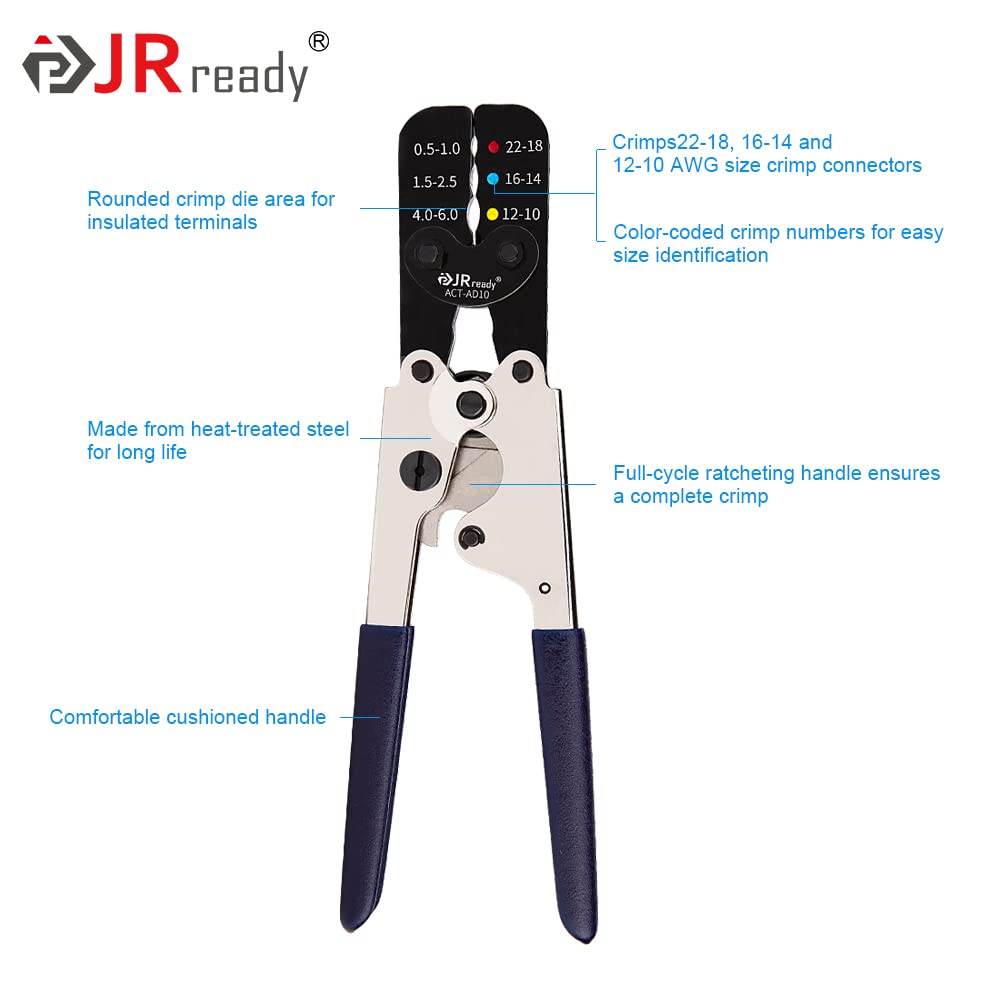 JRready ACT-AD10 Ratcheting Wire Crimp Tool for Heat Shrink connectors, Insulated Terminals and Butt splices in Wire 22-18, 16-14, 12-10AWG