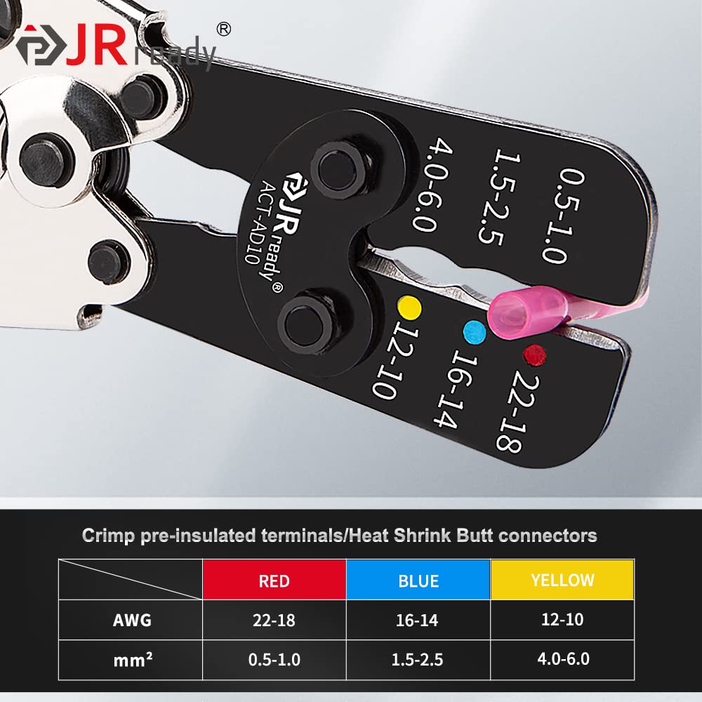 JRready ACT-AD10 Ratcheting Wire Crimp Tool for Heat Shrink connectors, Insulated Terminals and Butt splices in Wire 22-18, 16-14, 12-10AWG