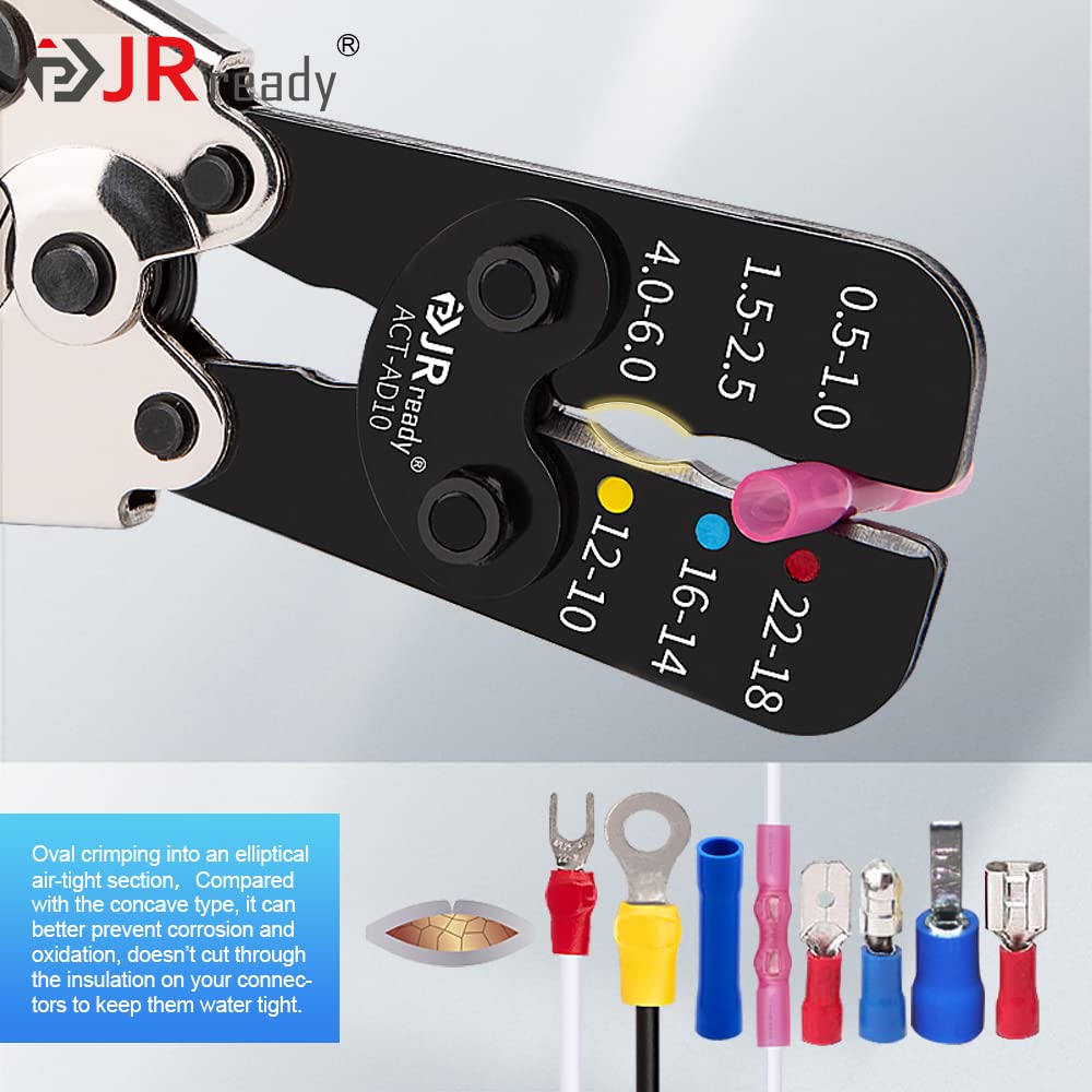 JRready ACT-AD10 Ratcheting Wire Crimp Tool for Heat Shrink connectors, Insulated Terminals and Butt splices in Wire 22-18, 16-14, 12-10AWG