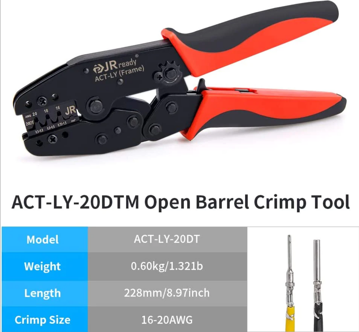 JRready ACT-LY-20DTM Open Barrel Terminal Crimp Tools for Deutsch DTM Series 20# Stamped Formed Contacts