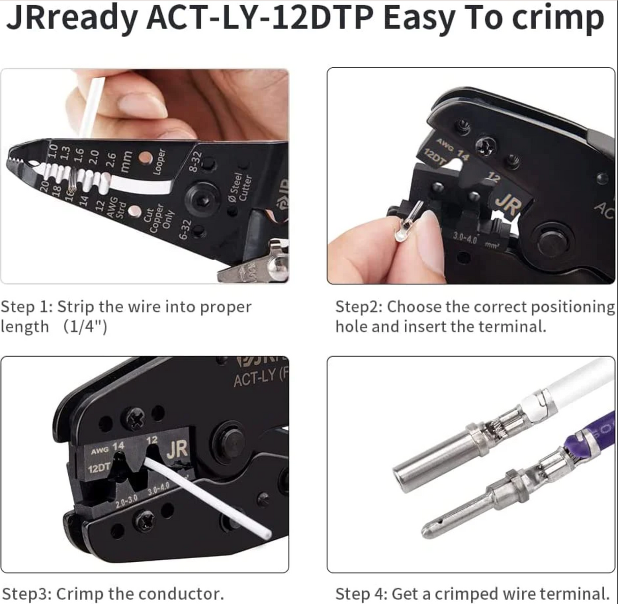 JRready ACT-LY-12DTP Open Barrel Terminal Crimp Tools for Deutsch DTP Series 12# Stamped Formed Contacts