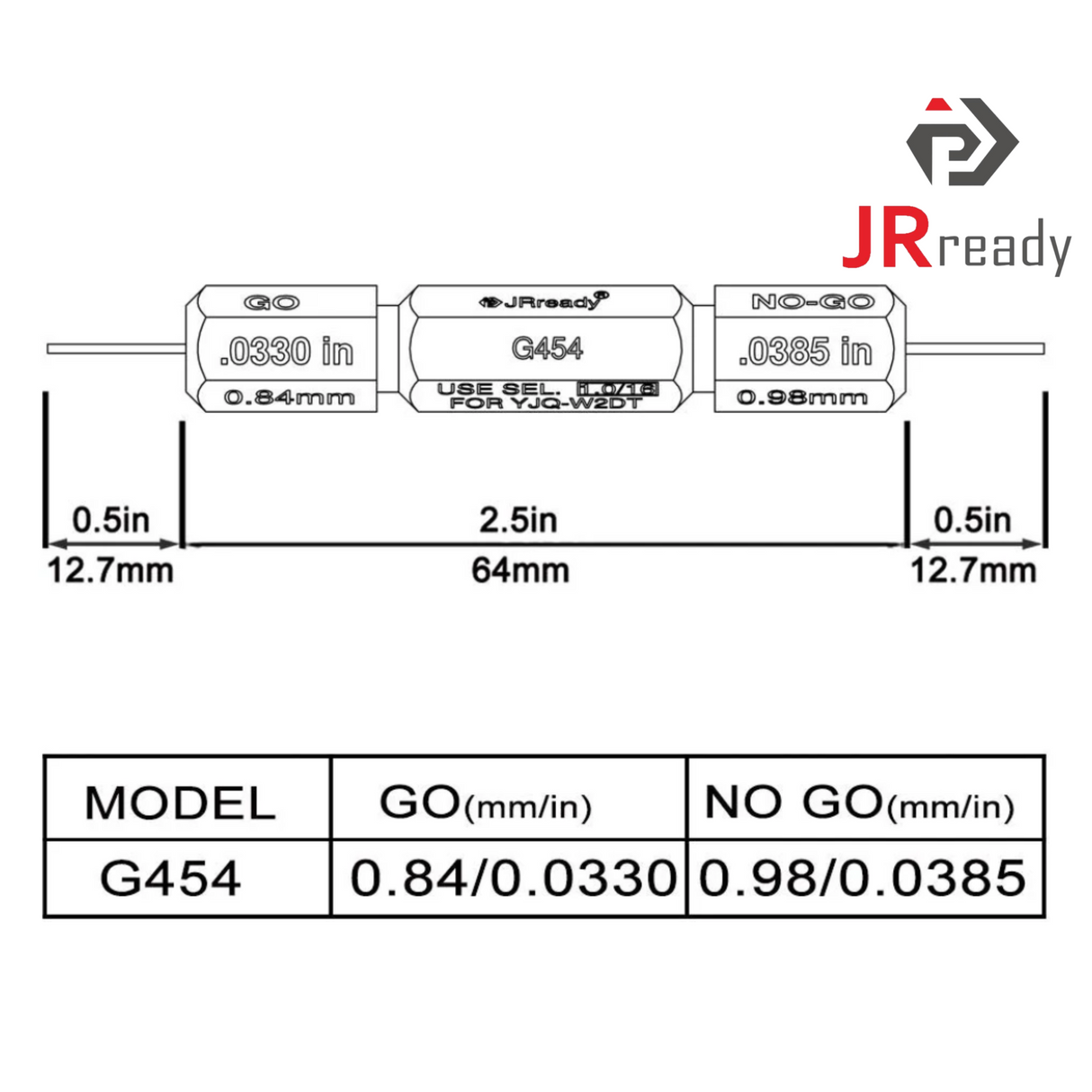 JRready G454 Go-NoGo Gauge Testing Tool for HDT-48-00, JRD-HDT-48, YJQ-W2DTQ Crimp Tool - GO: 0.0330 inch (0.84 mm), NO-GO: 0.0385 inch (0.98 mm)