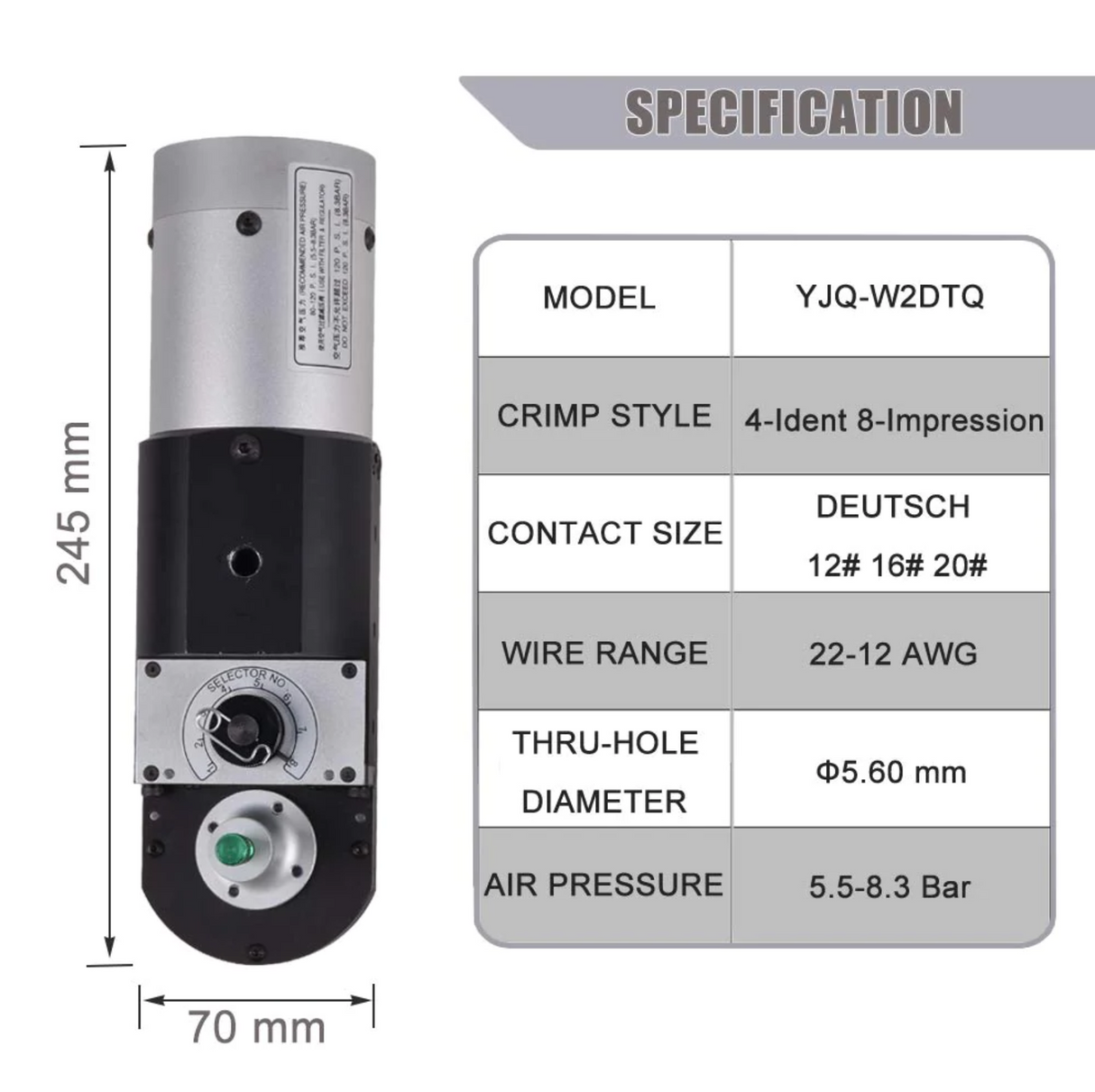 JRready ST4050 Tool Kit: YJQ-W2DTQ Pneumatic Crimp Tool for Deutsch DT DTM DTP Connectors 12#, 16#, 20# Solid Contacts 12-22 AWG