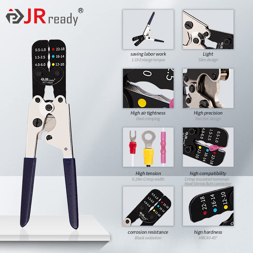 JRready ACT-AD10 Ratcheting Wire Crimp Tool for Heat Shrink connectors, Insulated Terminals and Butt splices in Wire 22-18, 16-14, 12-10AWG